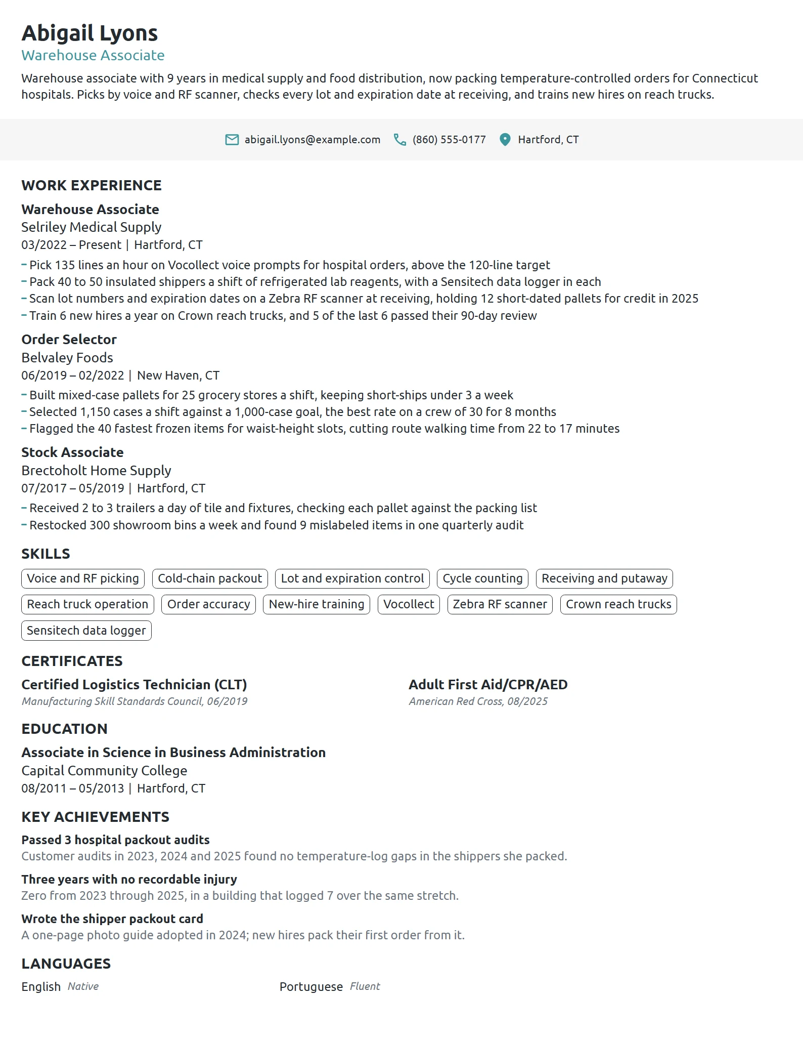 Amazon Warehouse Associate resume example