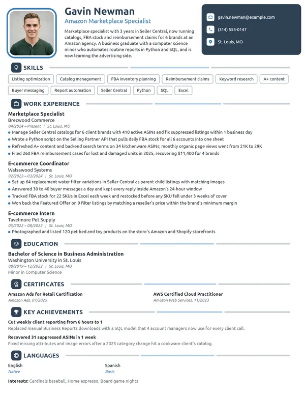 Junior Amazon Marketplace Specialist resume example
