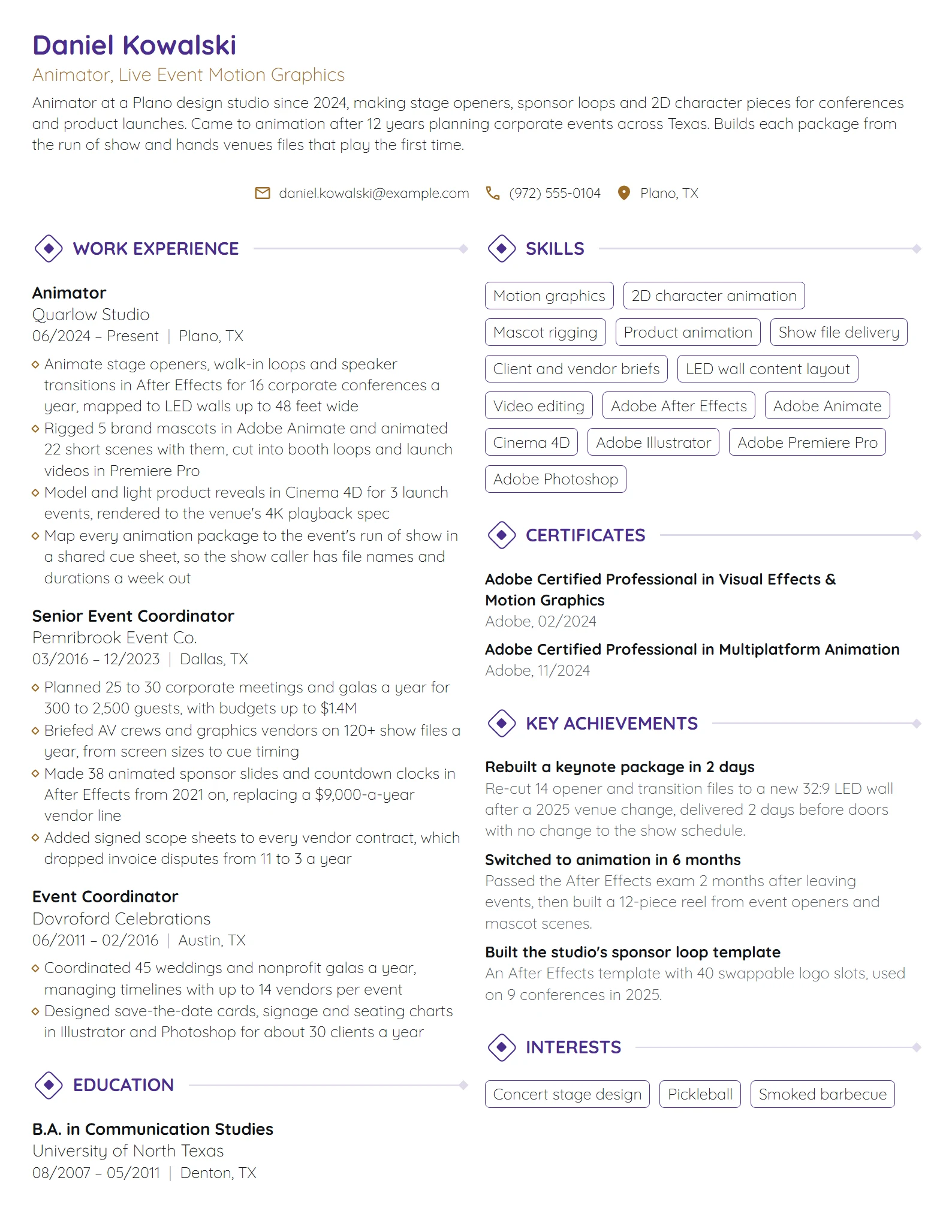 Career Change Animator resume example