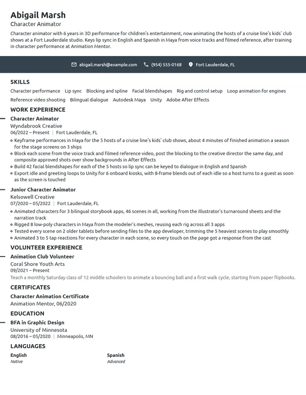 Character Animator resume example