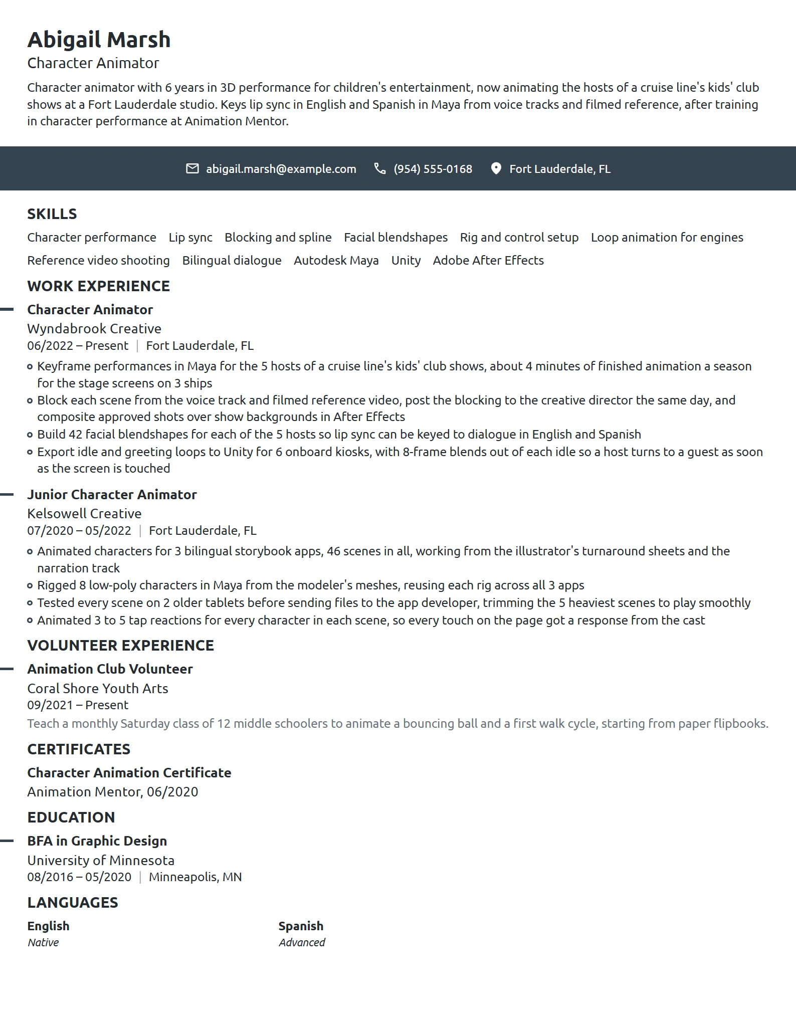 Character Animator resume example