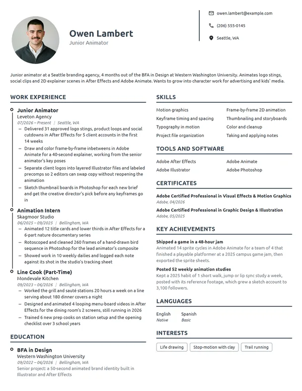 Entry-Level Animator resume example