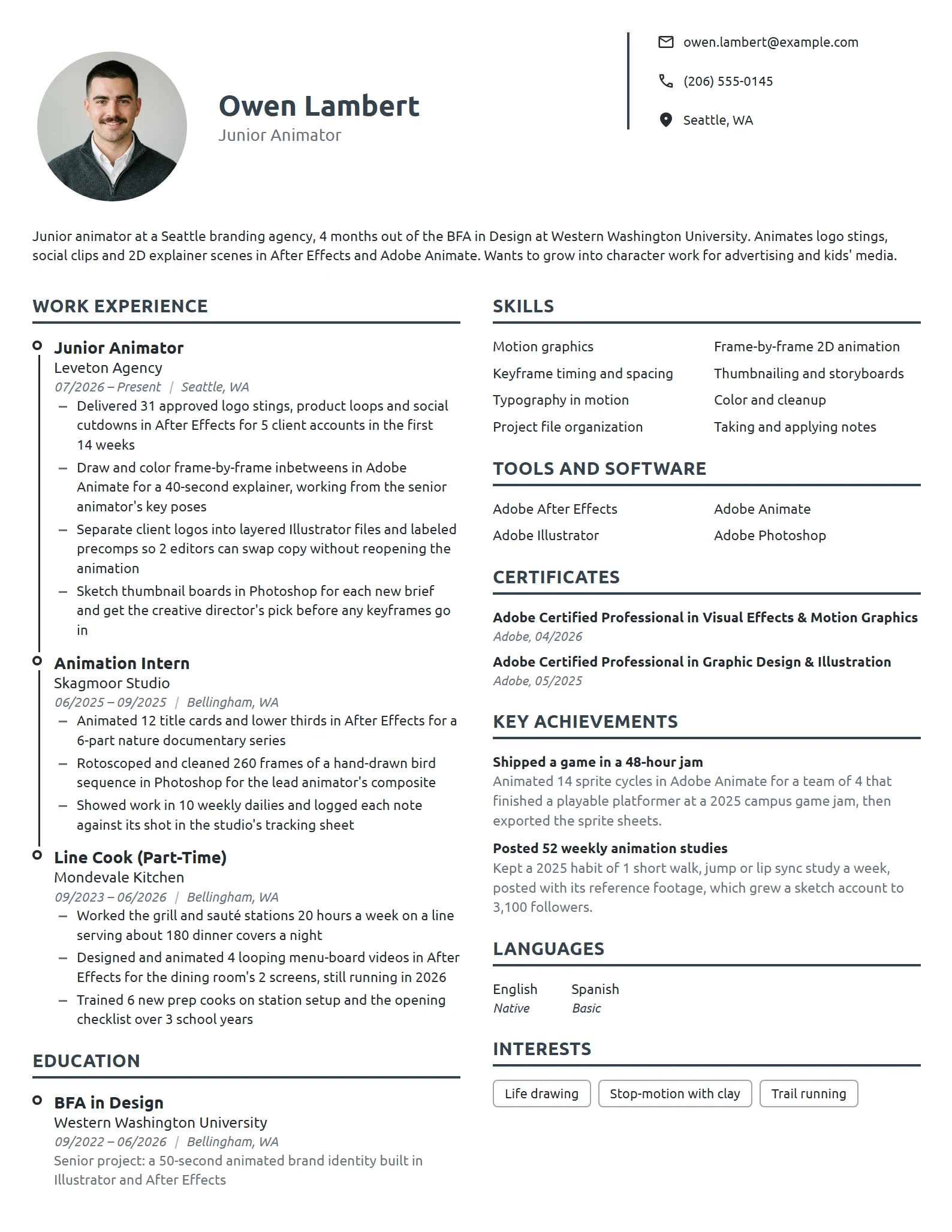 Entry-Level Animator resume example