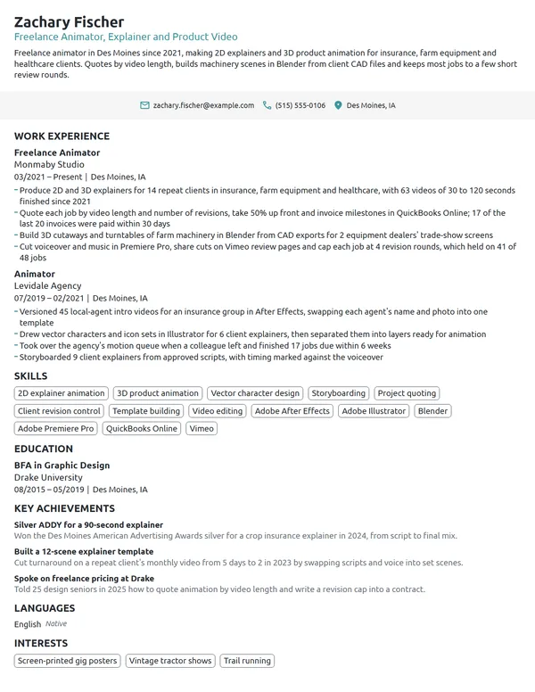 Freelance Animator resume example