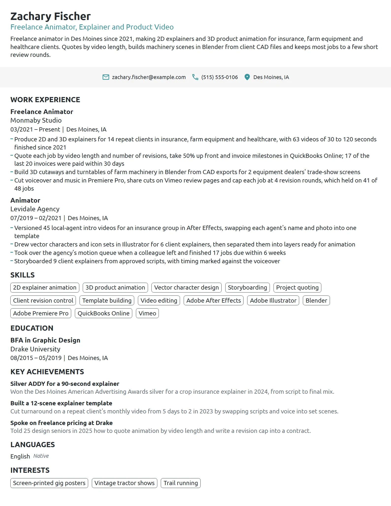 Freelance Animator resume example
