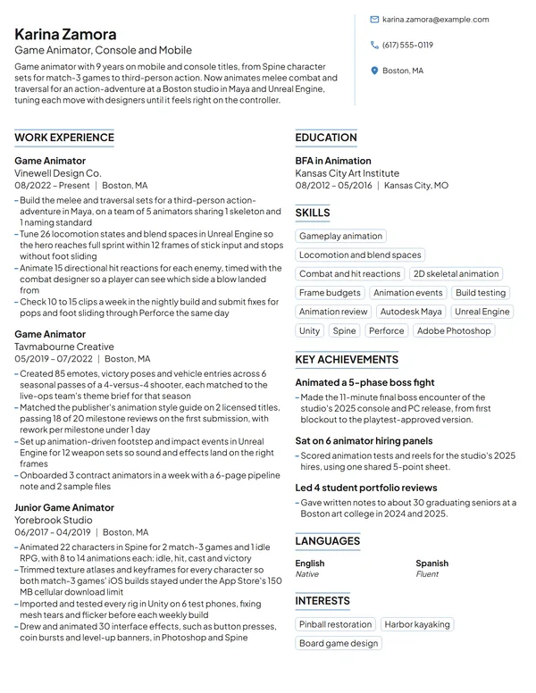 Game Animator resume example