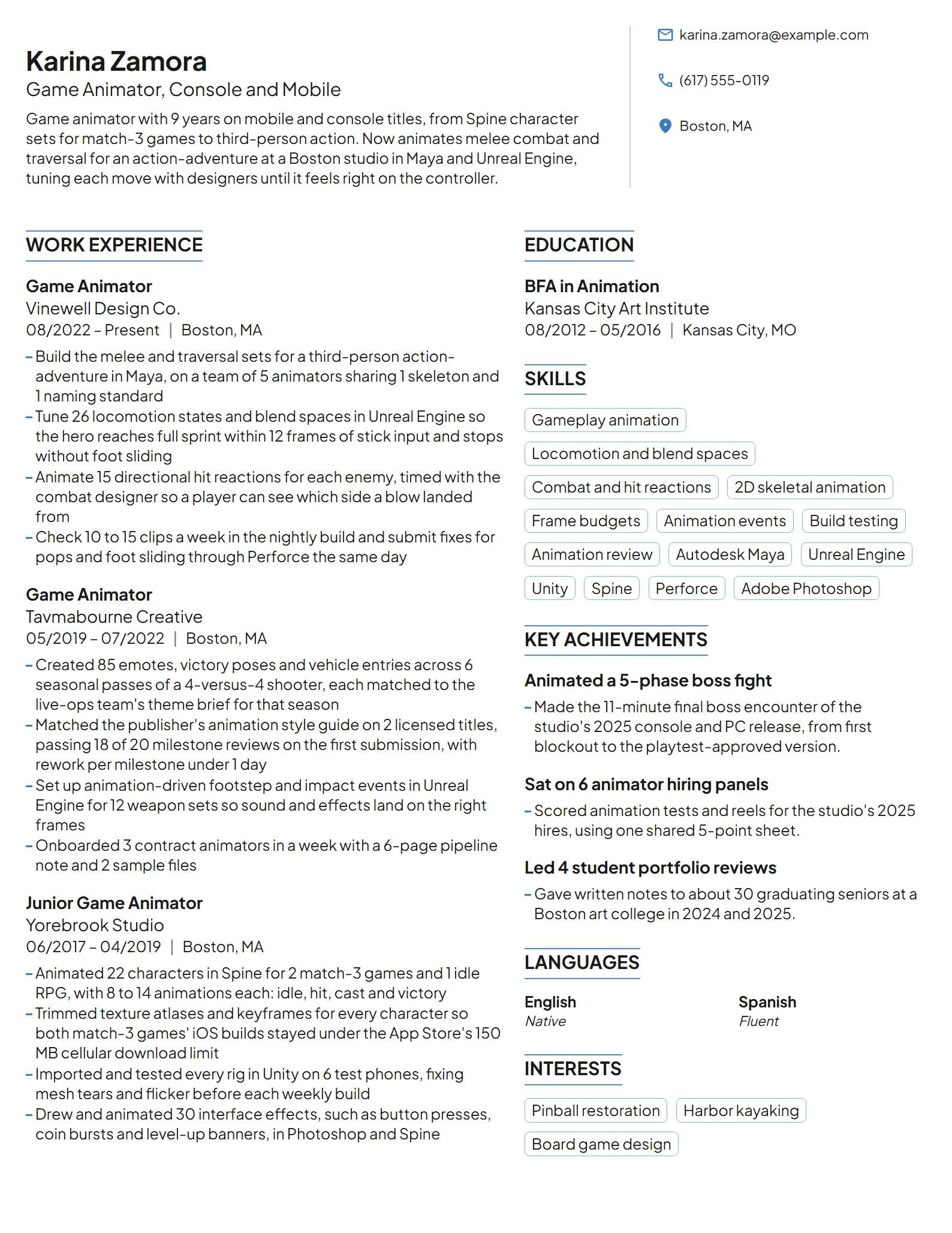 Game Animator resume example