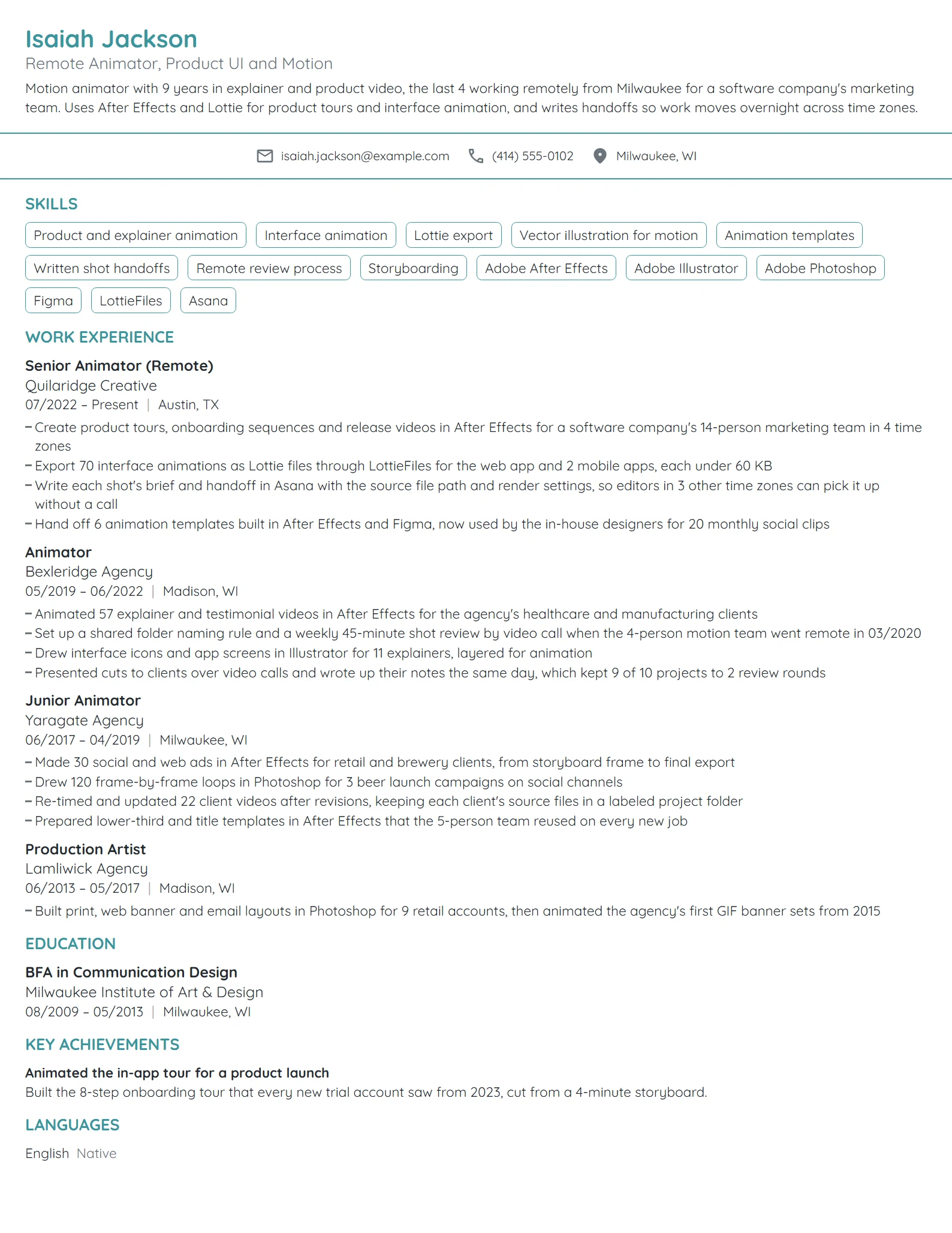 Remote Animator resume example