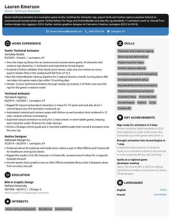 Senior Technical Animator resume example