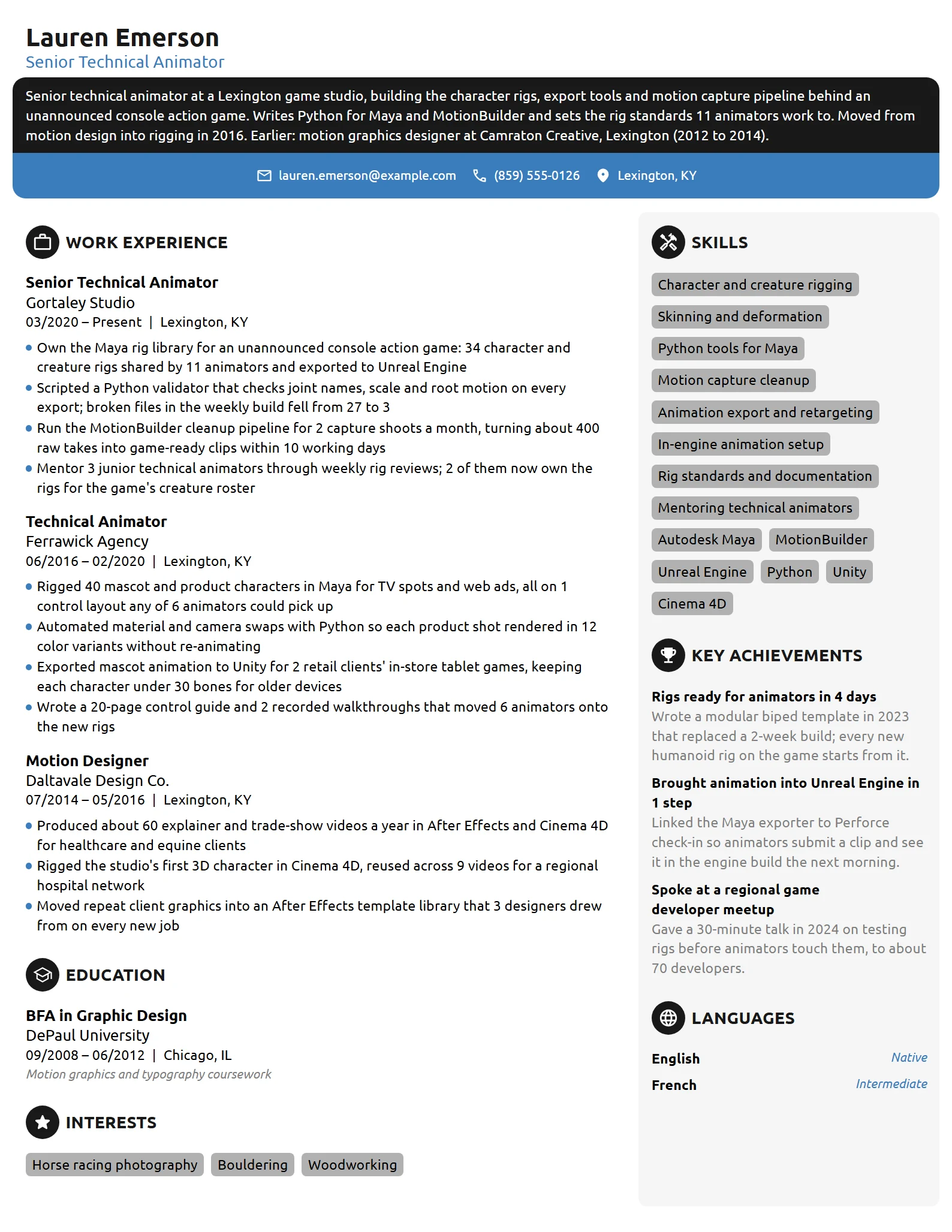 Senior Technical Animator resume example