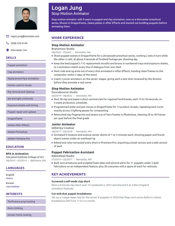 Stop Motion Animator resume example