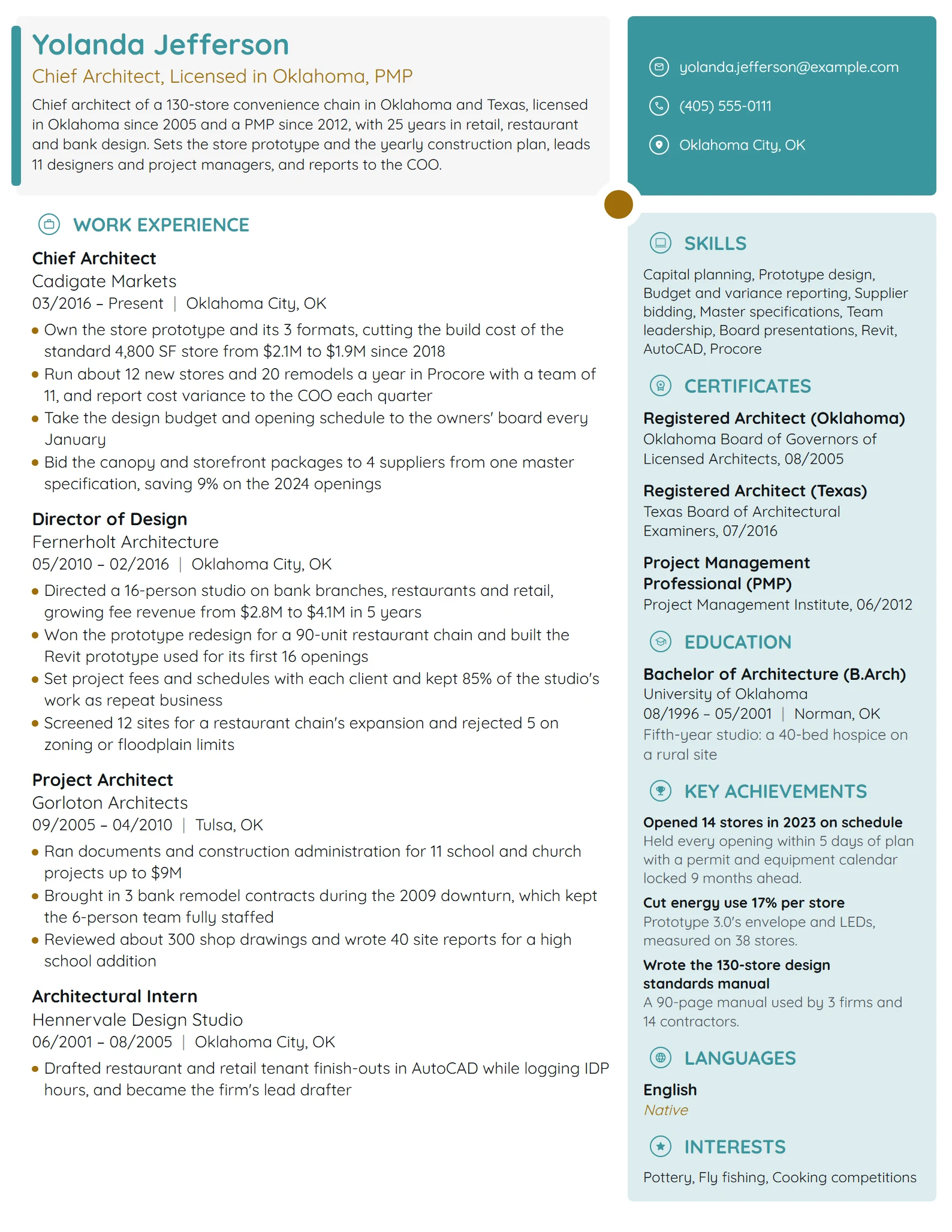Chief Architect resume example