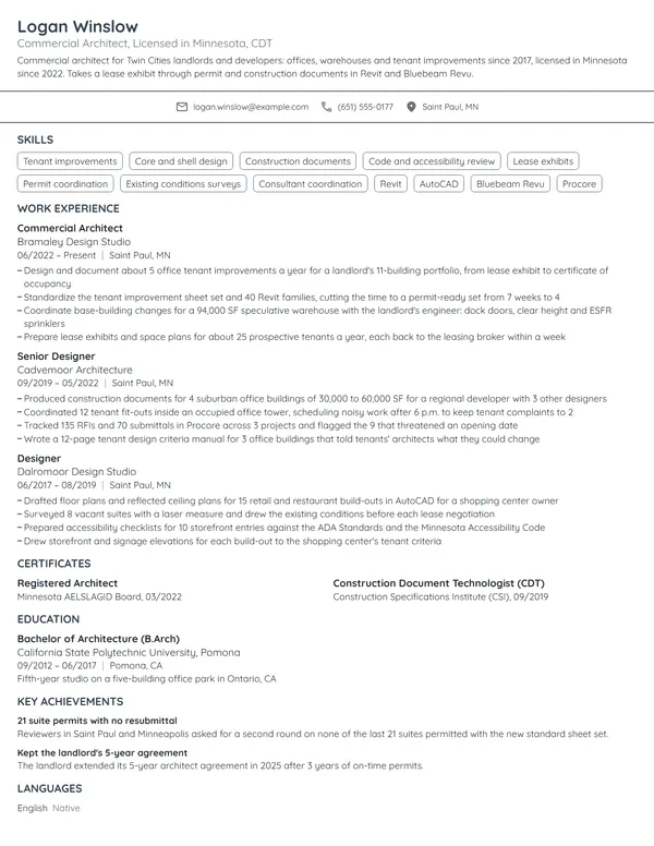 Commercial Architect resume example