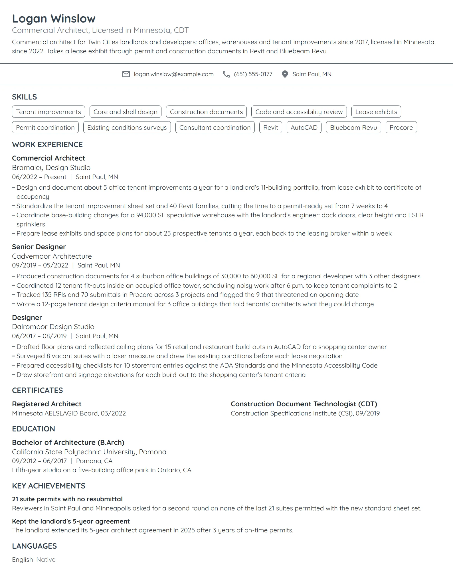 Commercial Architect resume example