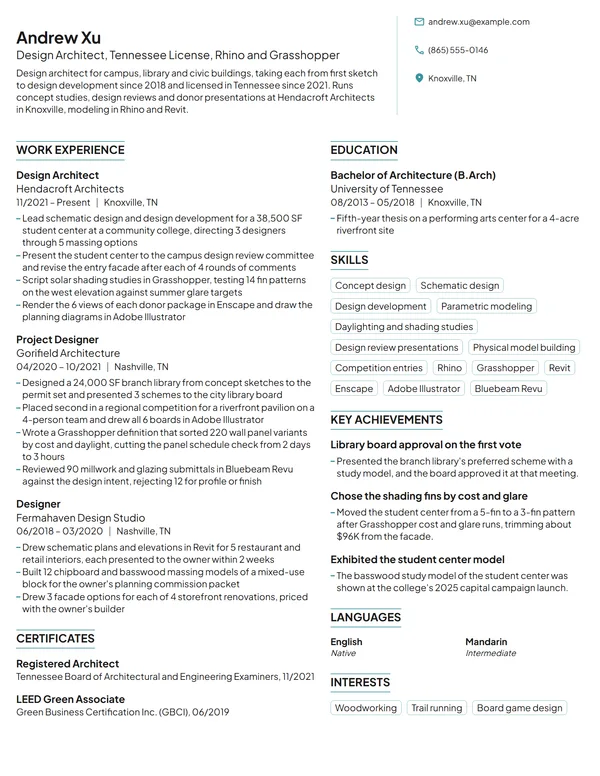 Design Architect resume example