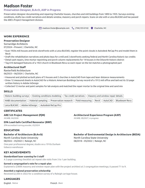Historic Preservation Architect resume example