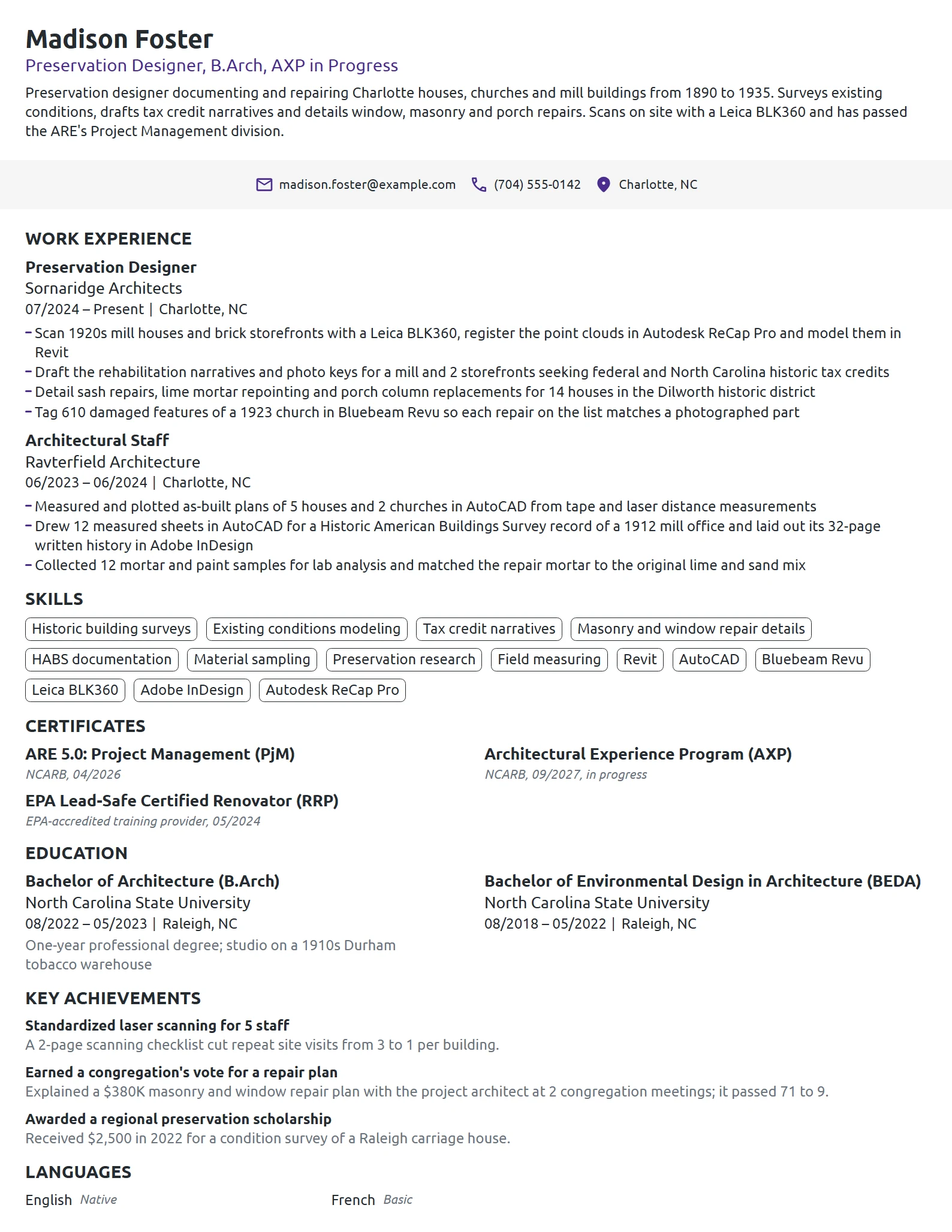 Historic Preservation Architect resume example
