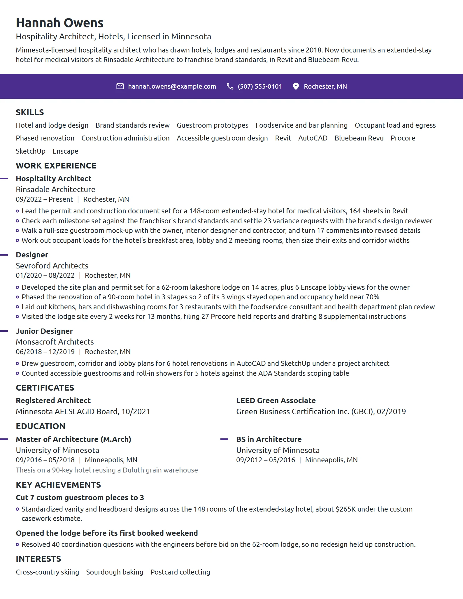 Hospitality Architect resume example