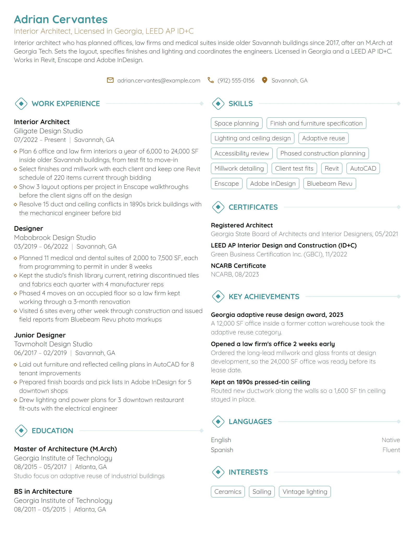Interior Architect resume example