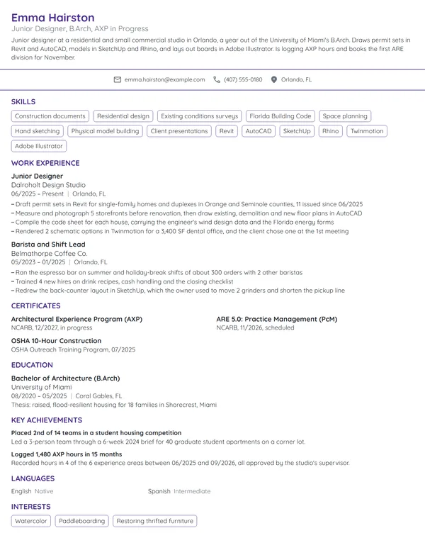 Junior Architect resume example