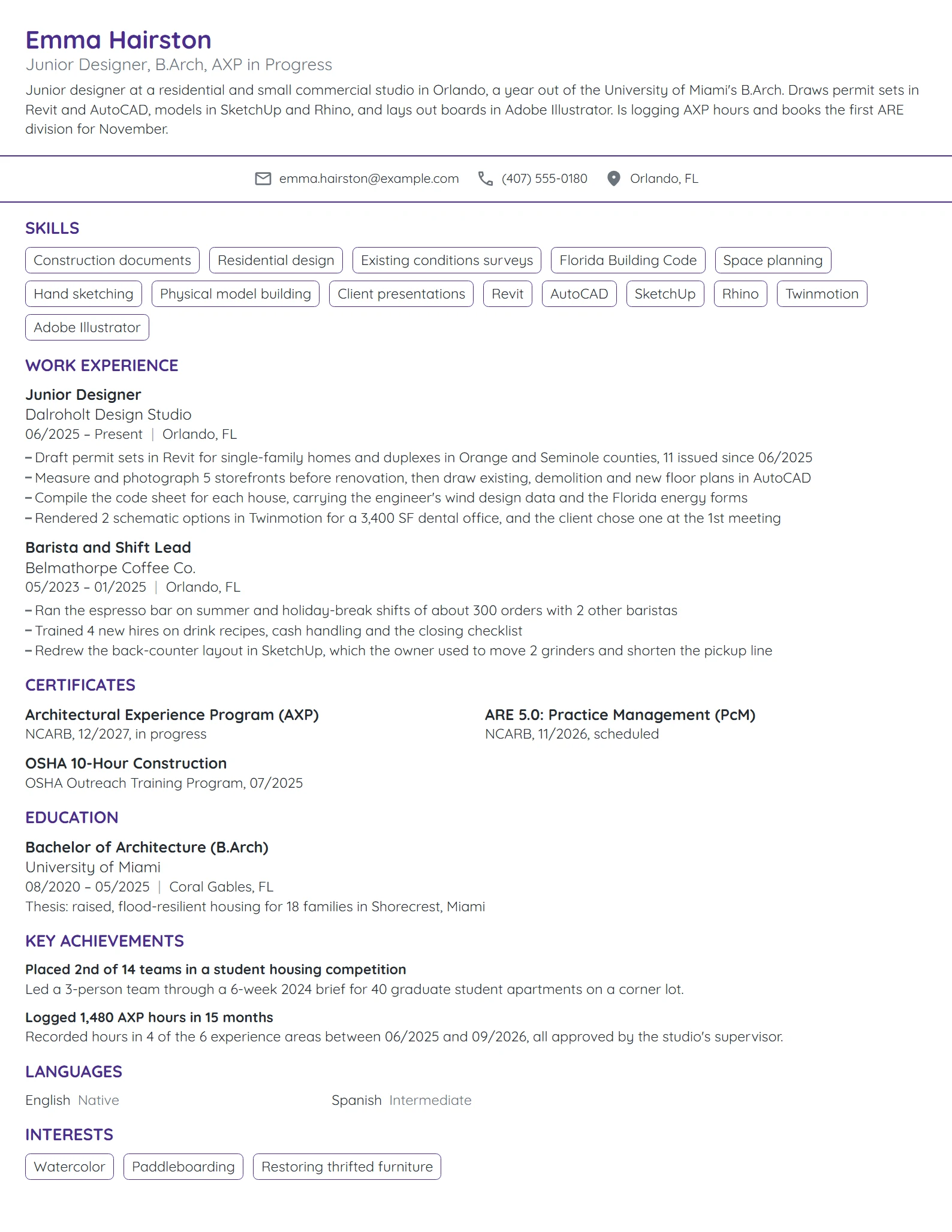 Junior Architect resume example
