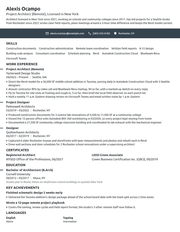 Remote Architect resume example