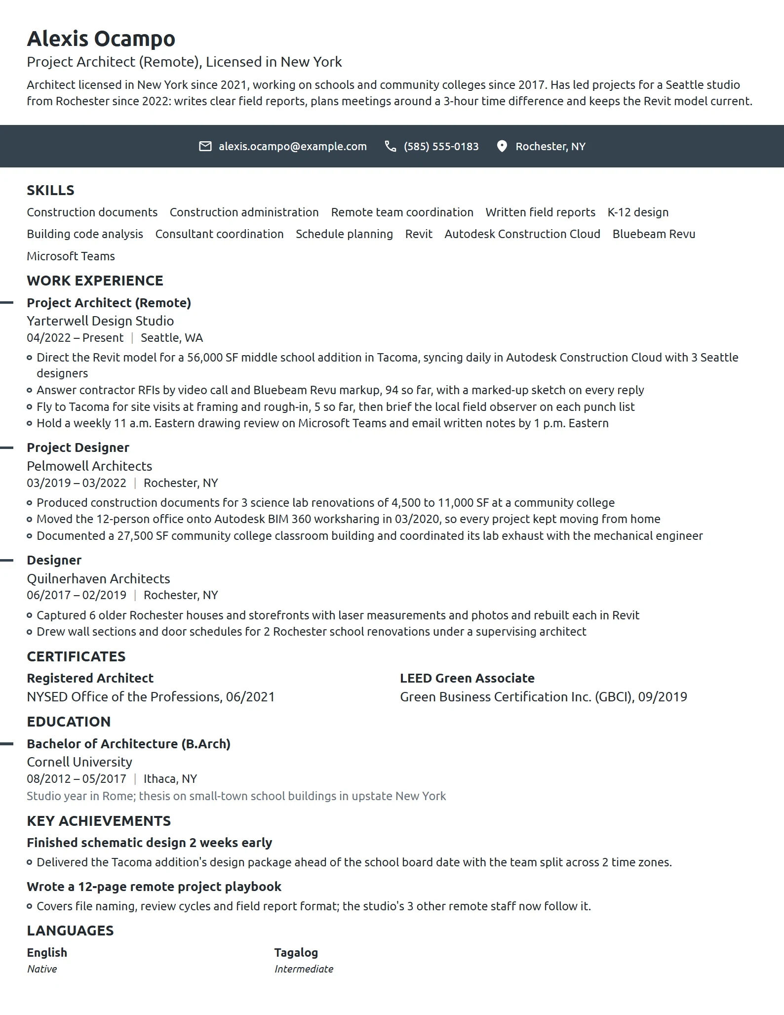 Remote Architect resume example