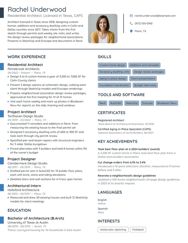 Residential Architect resume example