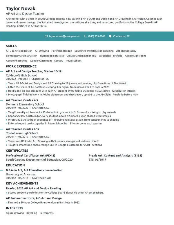 AP Art Teacher resume example