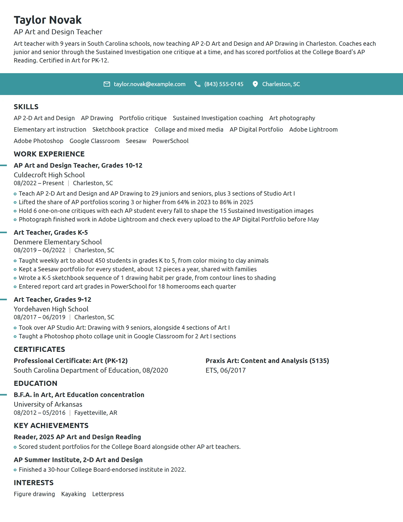 AP Art Teacher resume example
