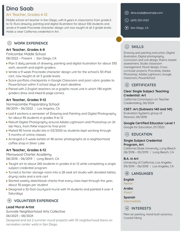 Art Teacher resume example