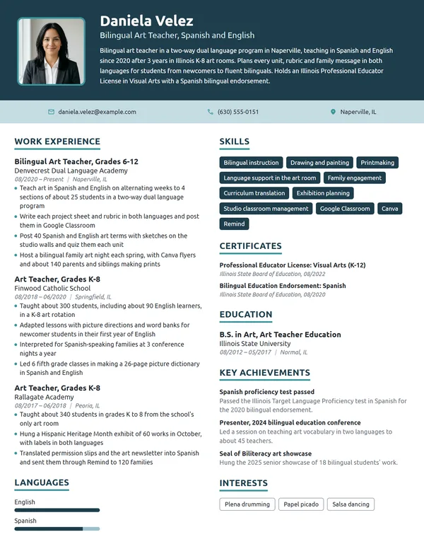 Bilingual Art Teacher resume example