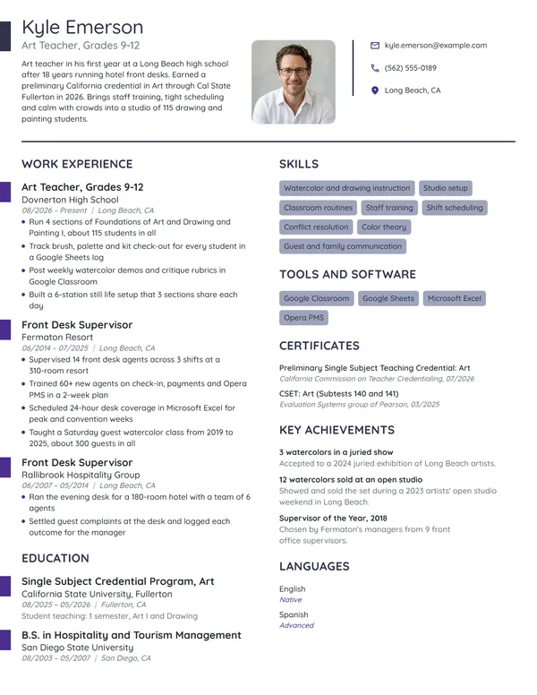 Career Change Art Teacher resume example