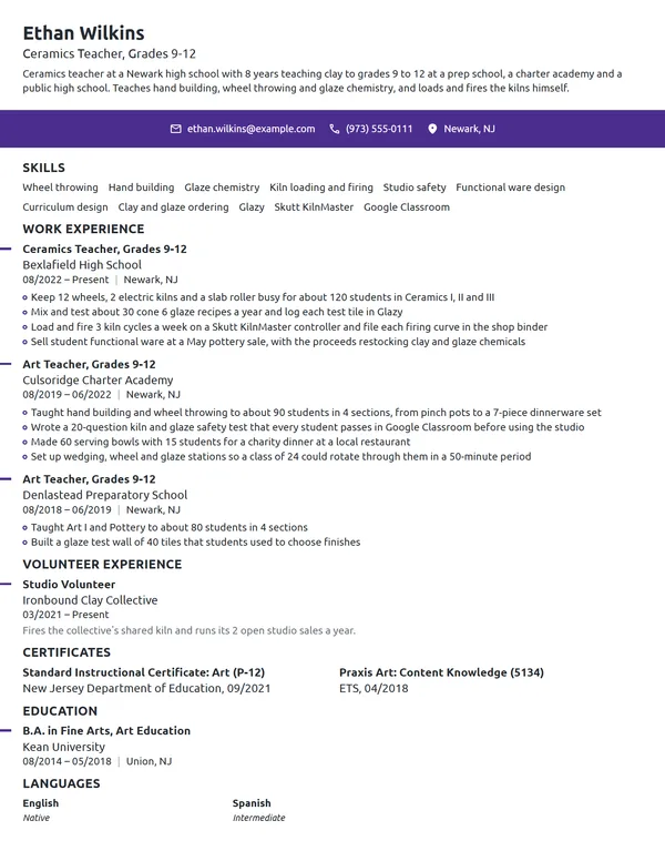 Ceramics Teacher resume example