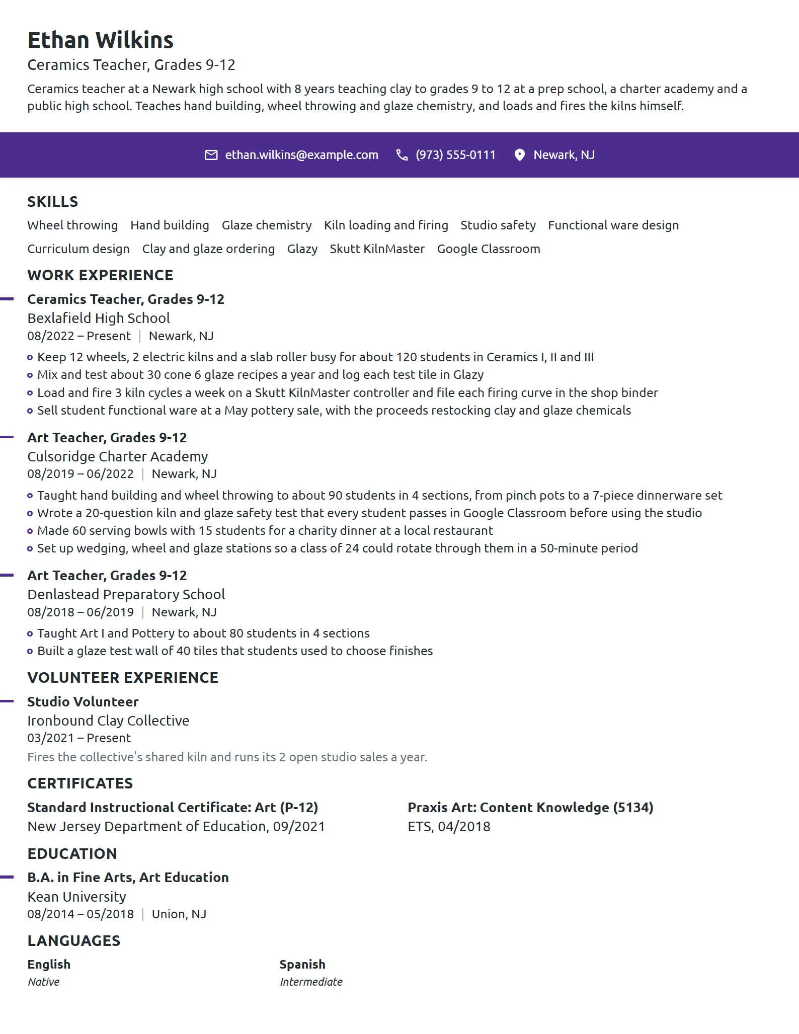 Ceramics Teacher resume example