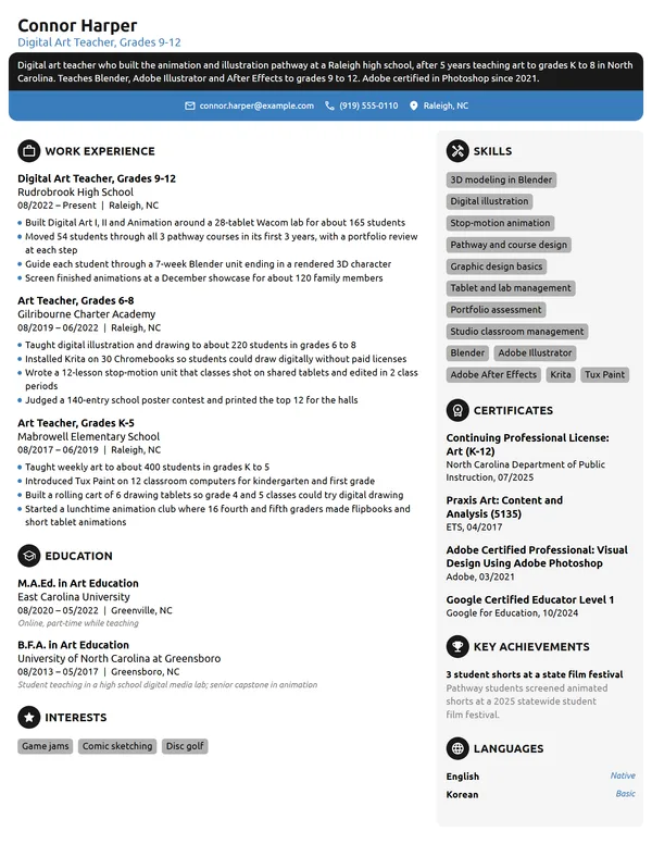 Digital Art Teacher resume example