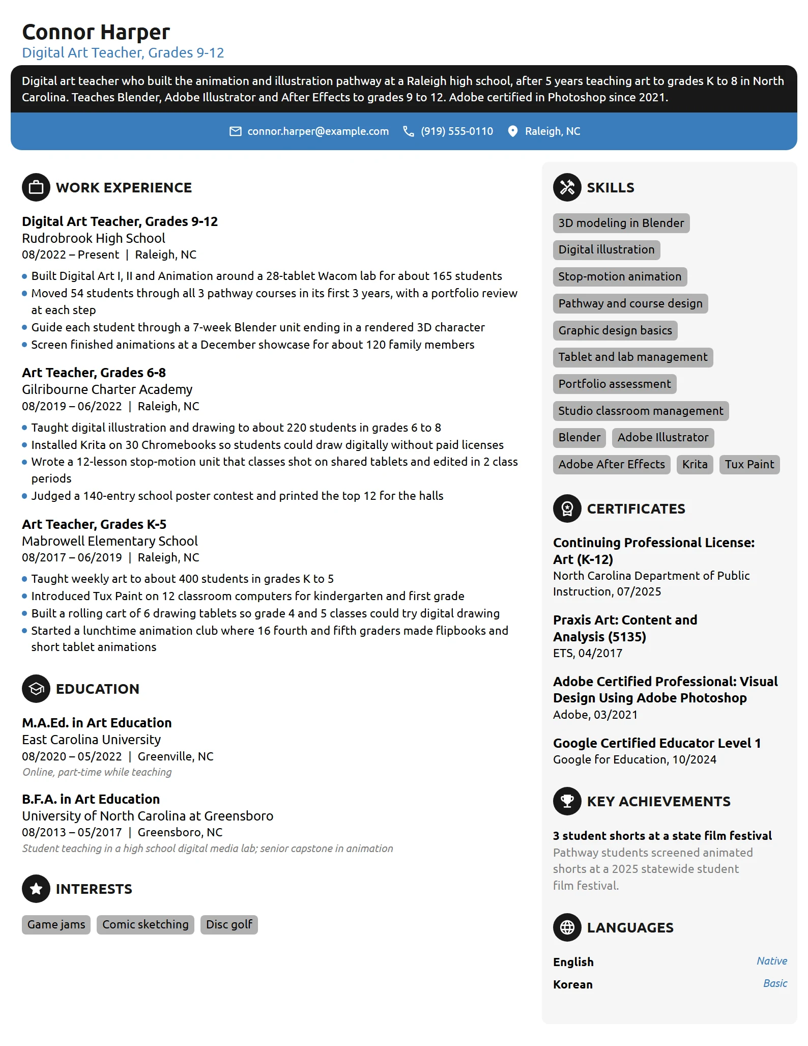 Digital Art Teacher resume example