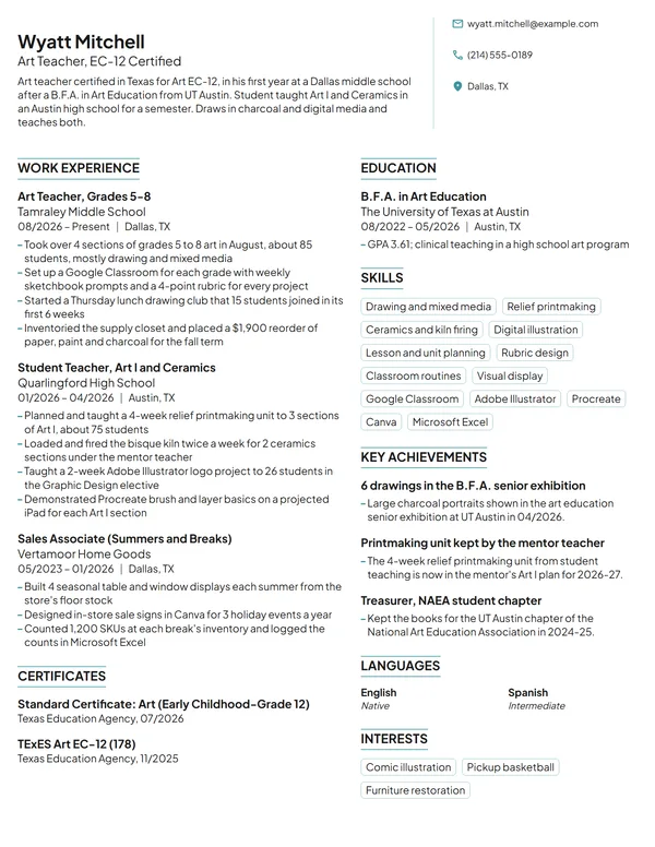 First-Year Art Teacher resume example