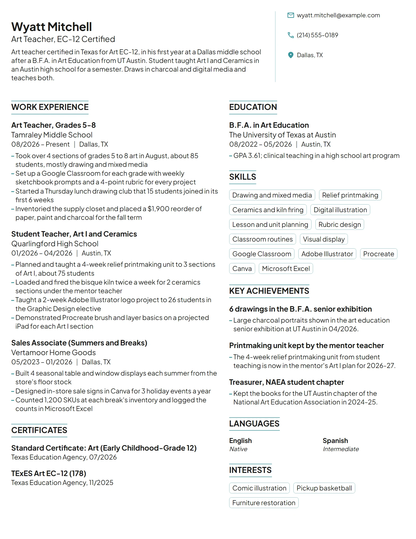 First-Year Art Teacher resume example