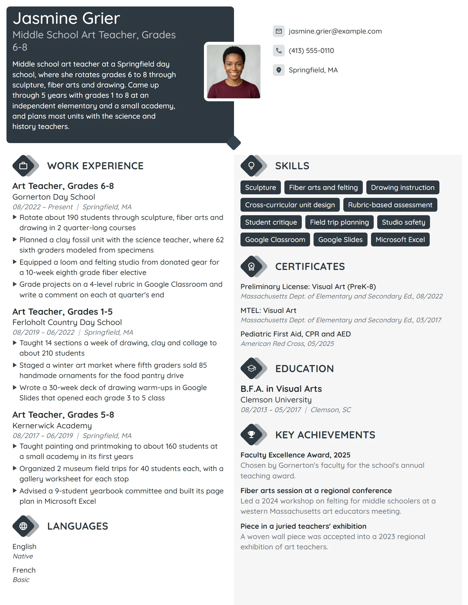 Middle School Art Teacher resume example