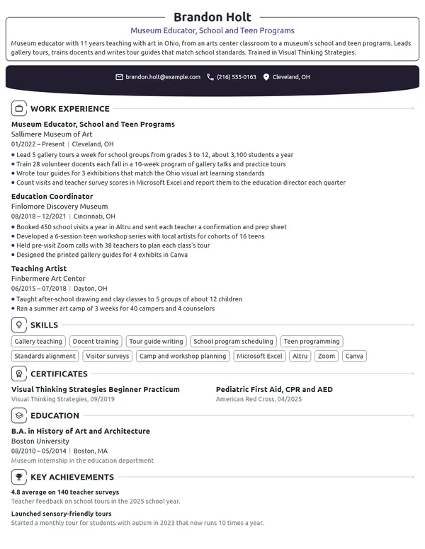 Museum Educator resume example