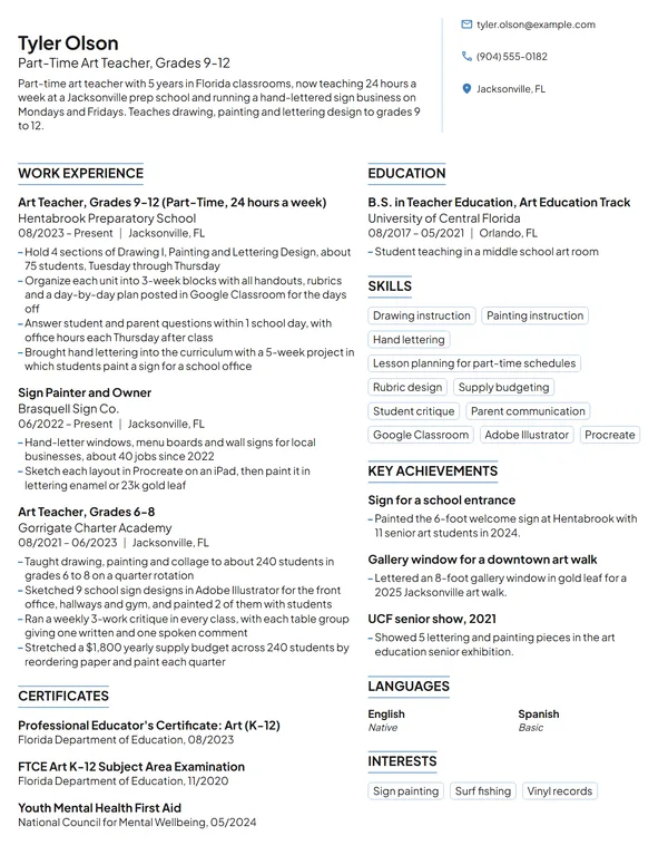 Part-Time Art Teacher resume example