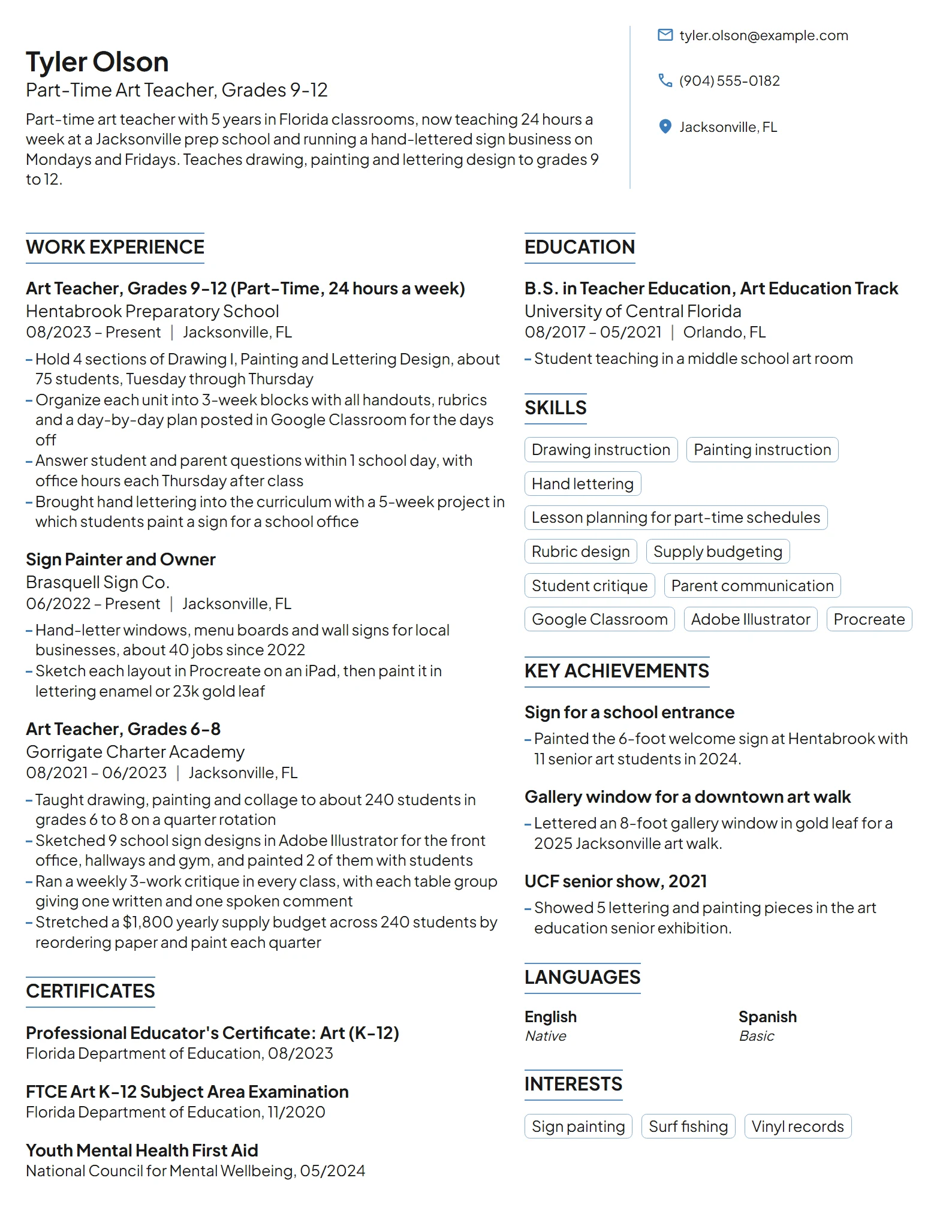 Part-Time Art Teacher resume example