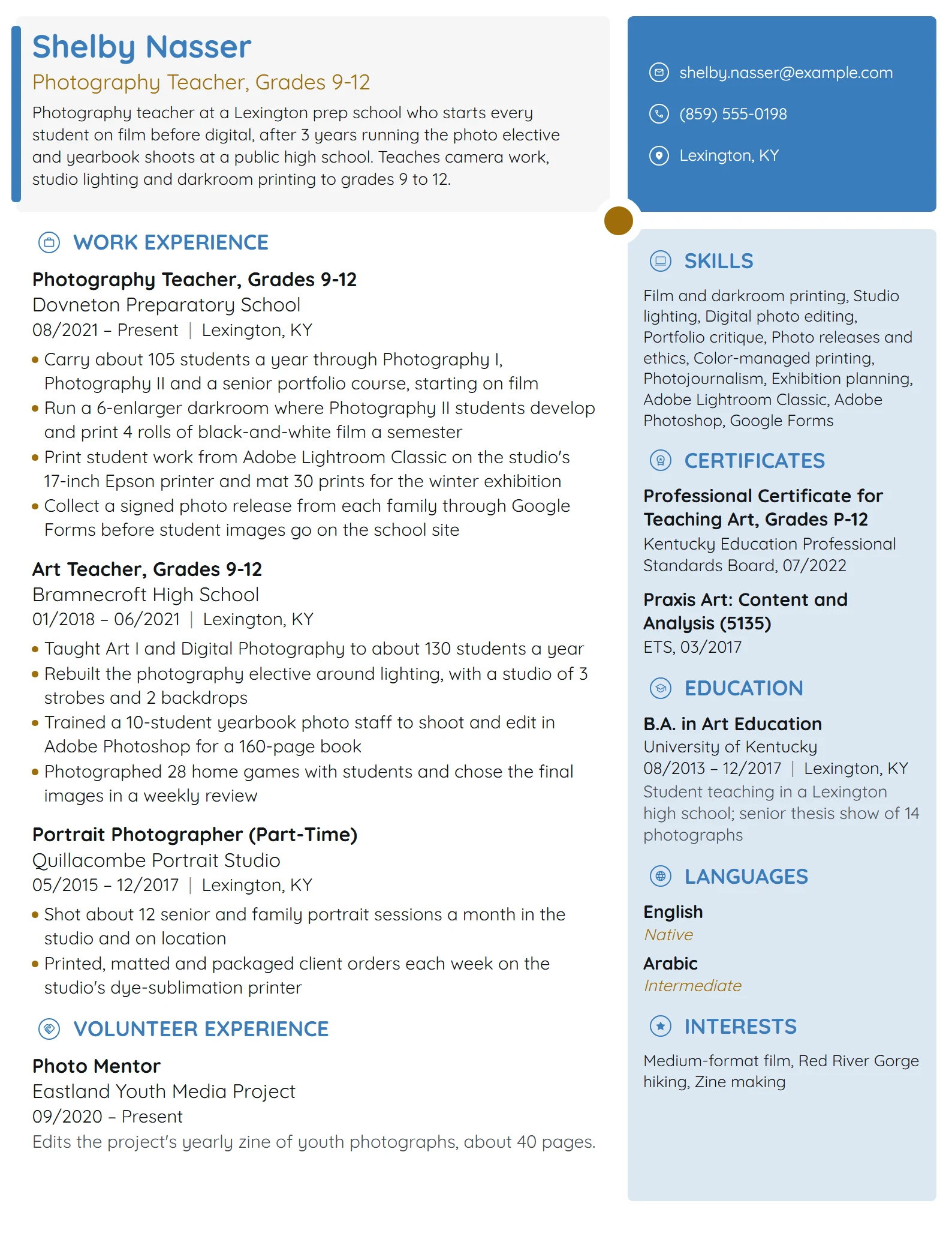 Photography Teacher resume example
