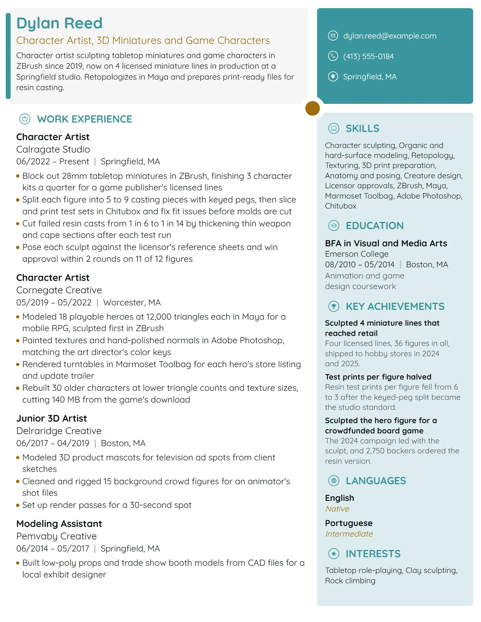 Character Artist resume example