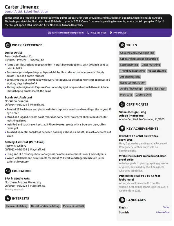 Junior Artist resume example