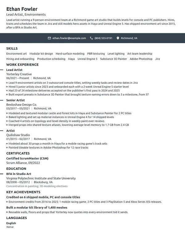 Lead Artist resume example