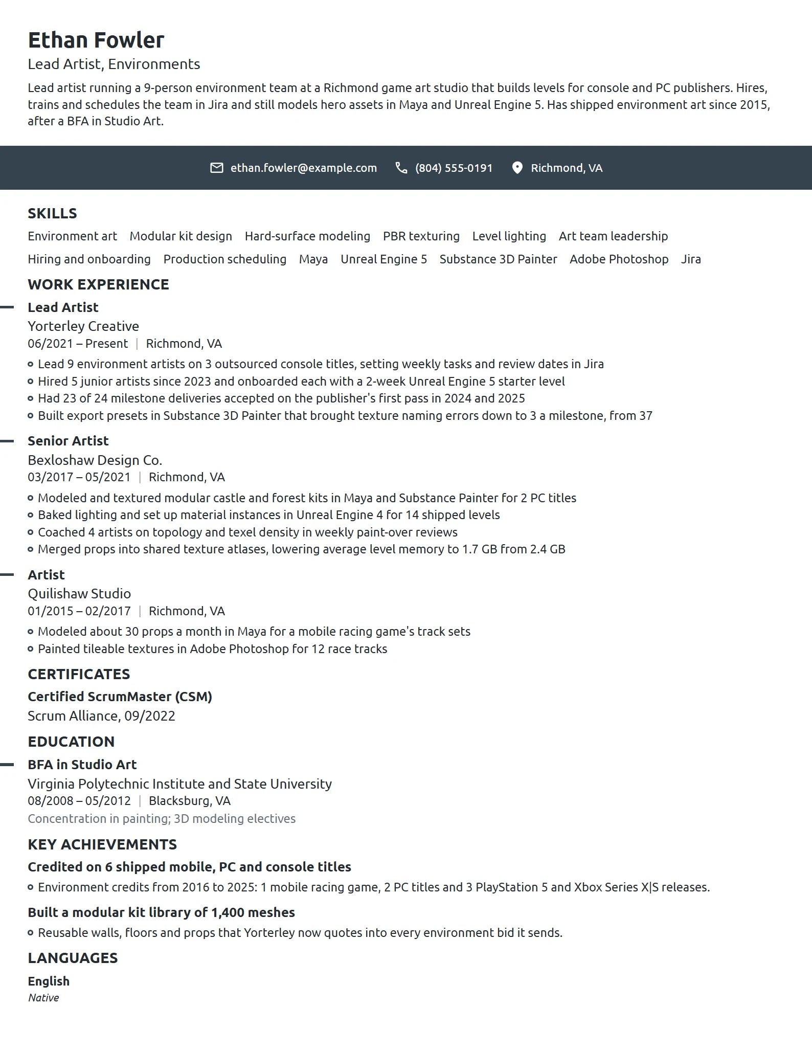 Lead Artist resume example