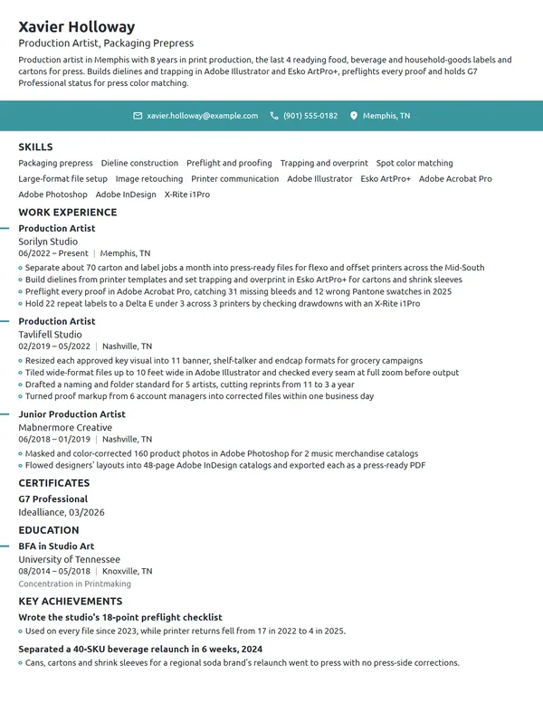 Production Artist resume example
