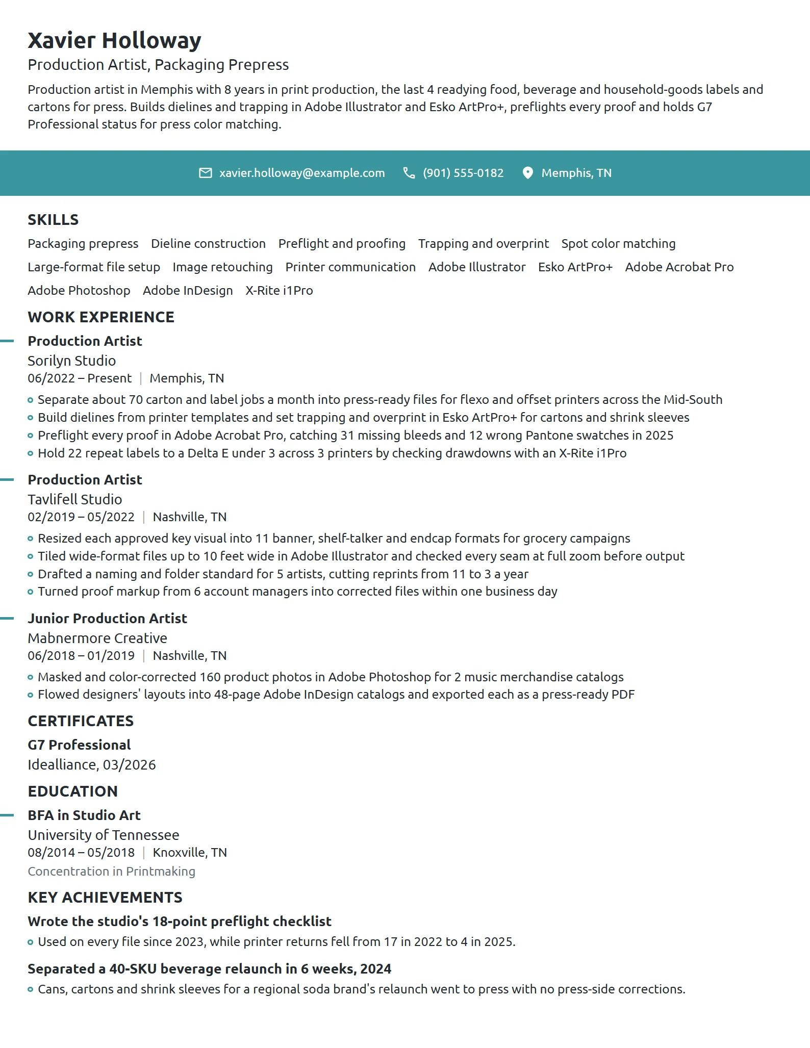 Production Artist resume example